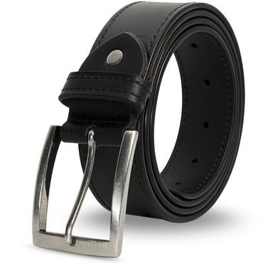 Black leather belt with silver buckle for smart and casual outfits.