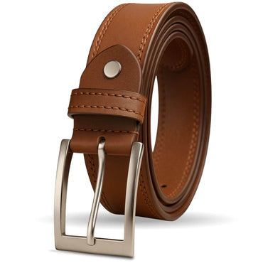 Brown leather belt with silver buckle for smart and casual outfits.