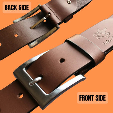 Brown leather belt with silver buckle on an orange background, showing front and back sides.