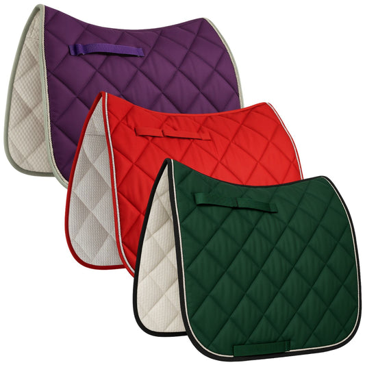 Three quilted saddle pads in purple, red, and green on a white background