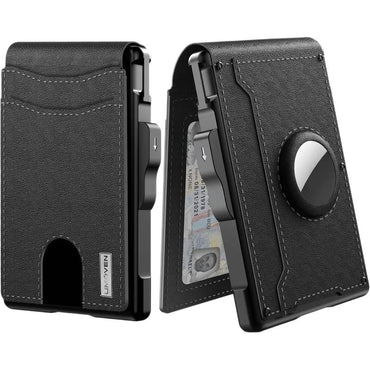 Black wallet with card holder and phone stand feature on a white background