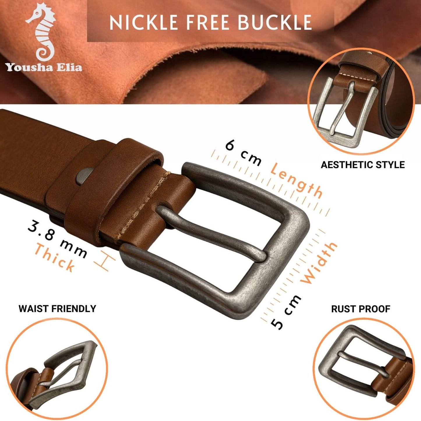 Brown leather belt with nickel-free buckle, featuring specifications and brand name.