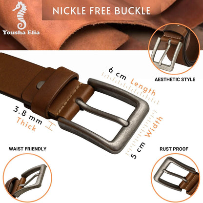 Brown leather belt with nickel-free buckle, featuring specifications and brand name.