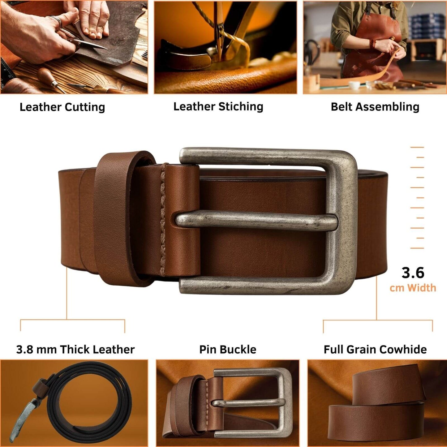 Brown leather belt with metal buckle, showing processes like cutting, stitching, and assembling, on a brown background.