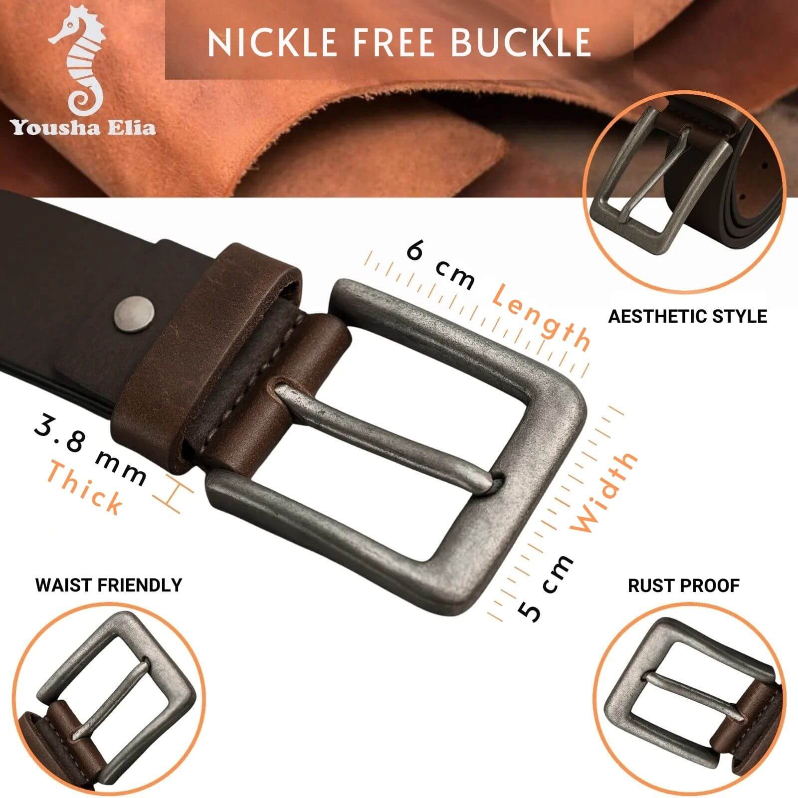 Brown leather belt with nickel-free buckle, showing measurements and features on a white background.