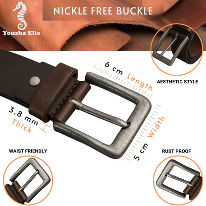Brown leather belt with nickel-free buckle, showing measurements and features on a white background.
