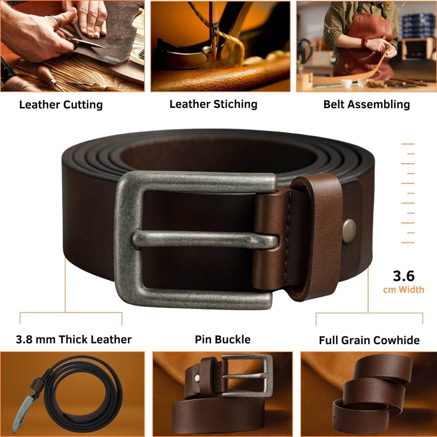 Brown leather belt with metal buckle, shown with assembly steps and material details.