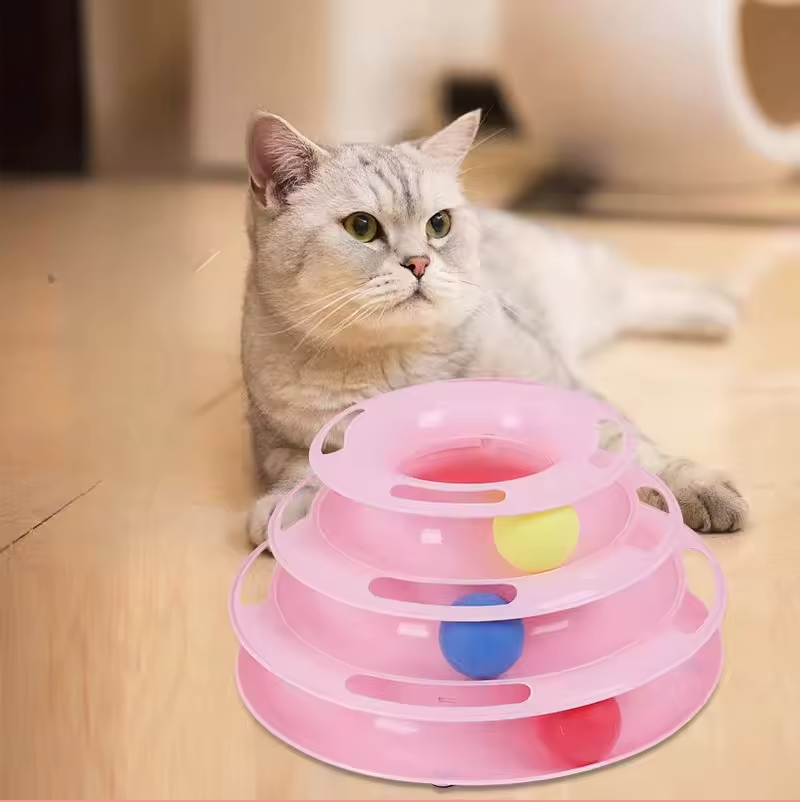 4-stöckiger Katzenspielturm mit Kugelbahn, interaktives Puzzle-Rollspielzeug für Katzen