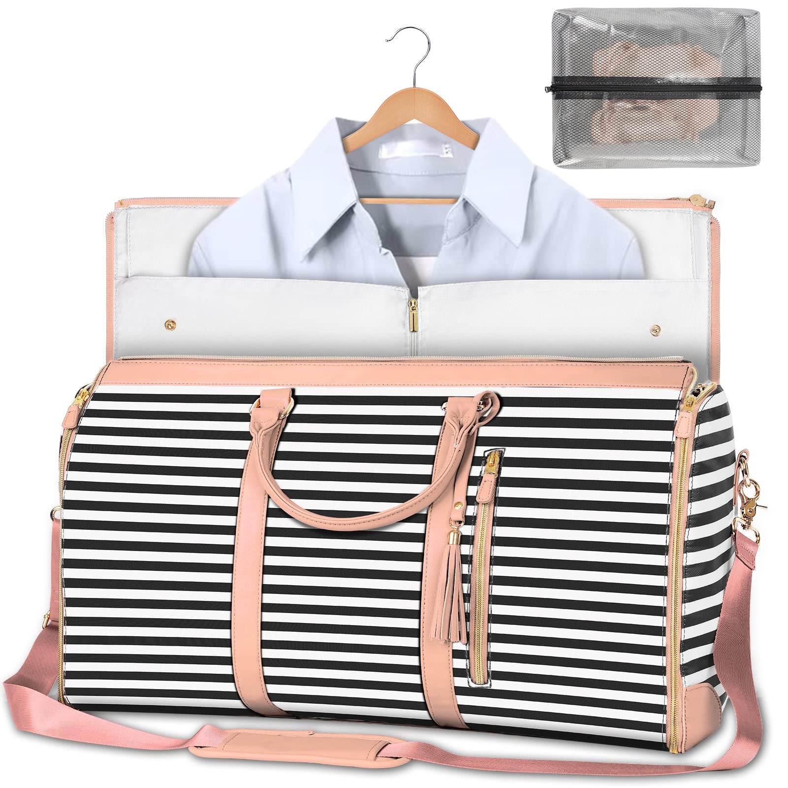 Striped travel bag with pink accents containing a shirt on a hanger and a clear pouch.
