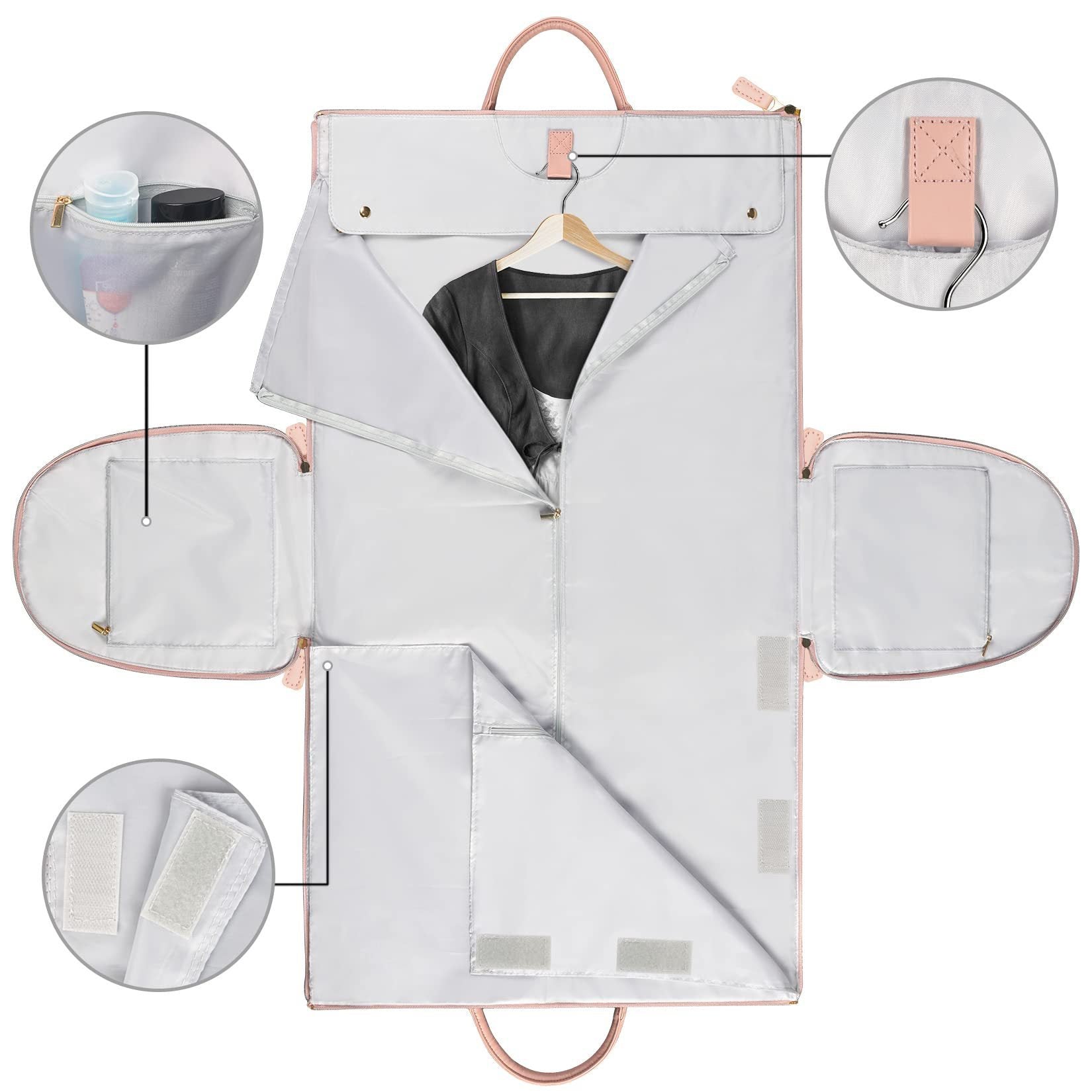 White garment bag with pink handles and compartments, showing details on a white background.