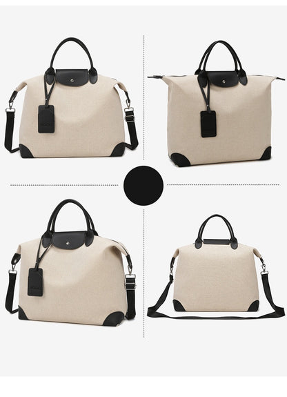 Beige handbag with black accents shown from multiple angles on a white background