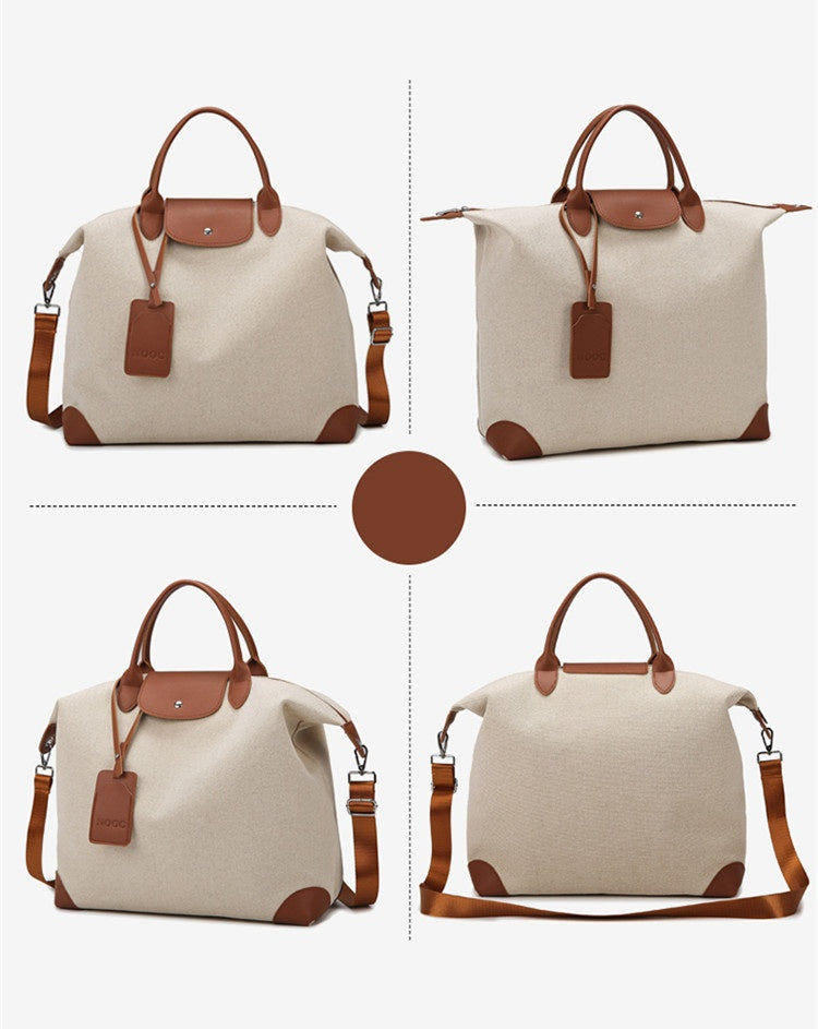Beige handbag with brown accents shown from multiple angles on a white background