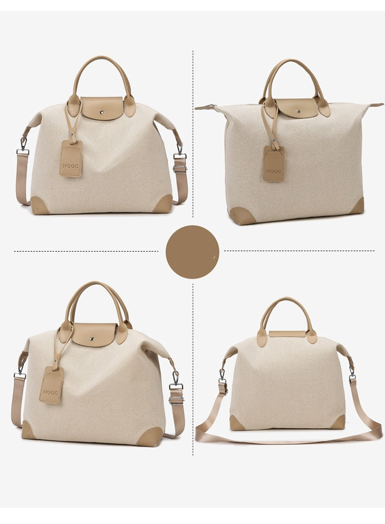 Beige handbag with brown accents shown from multiple angles on a white background.