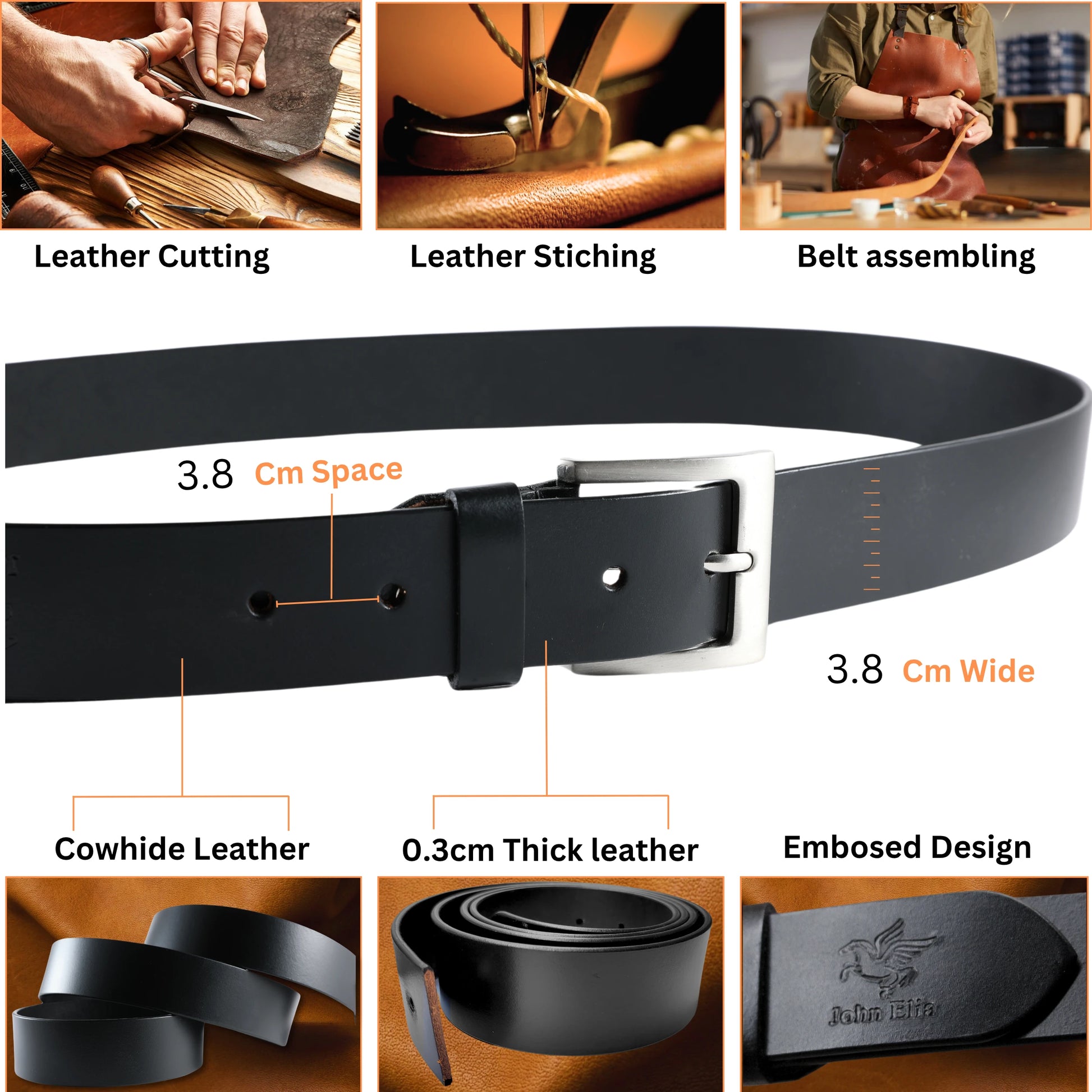 Black leather belt with assembly process steps and product details on a wooden background.
