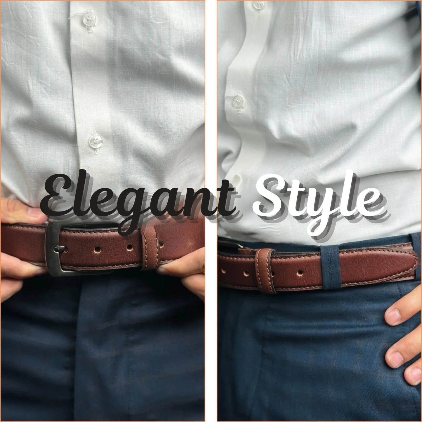 Two views of a person wearing a white shirt and brown belt with 'Elegant Style' text overlay.
