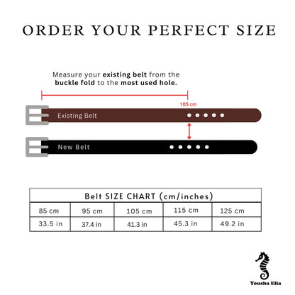 Belt size chart showing measurement and size conversion for Yousha Ella belts.