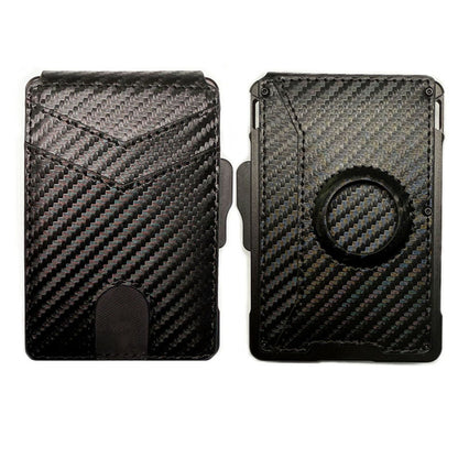 Carbon fiber patterned phone case with a metallic accent on a white background