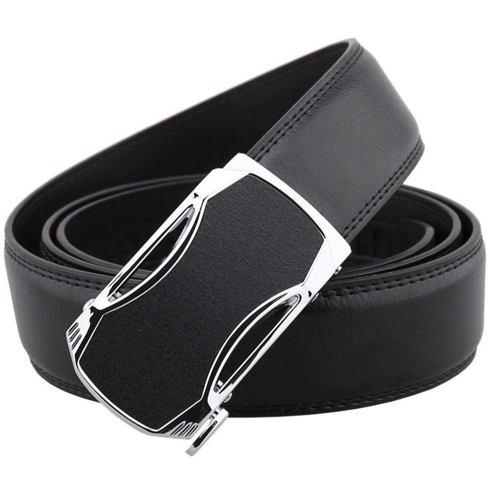 Black leather belt with a silver buckle on a white background