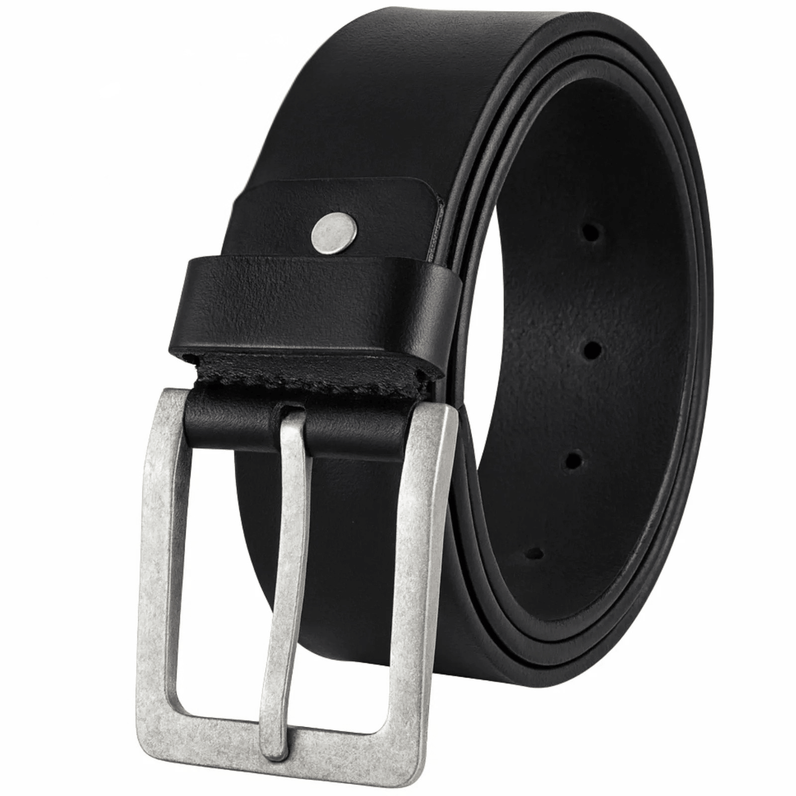 Black leather belt with a silver buckle on a white background