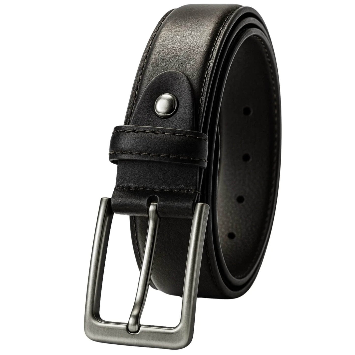 Black leather belt with silver buckle on a white background