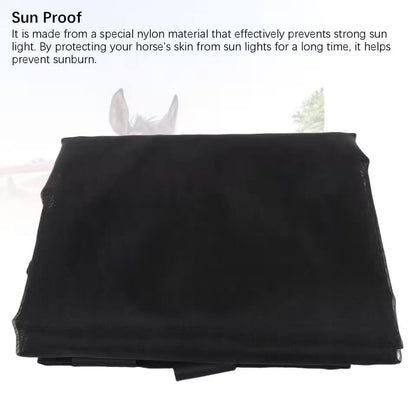 Black sunproof fabric for horses on a white background with text describing its properties.