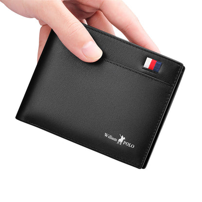 Black wallet with a brand logo held by a hand on a white background