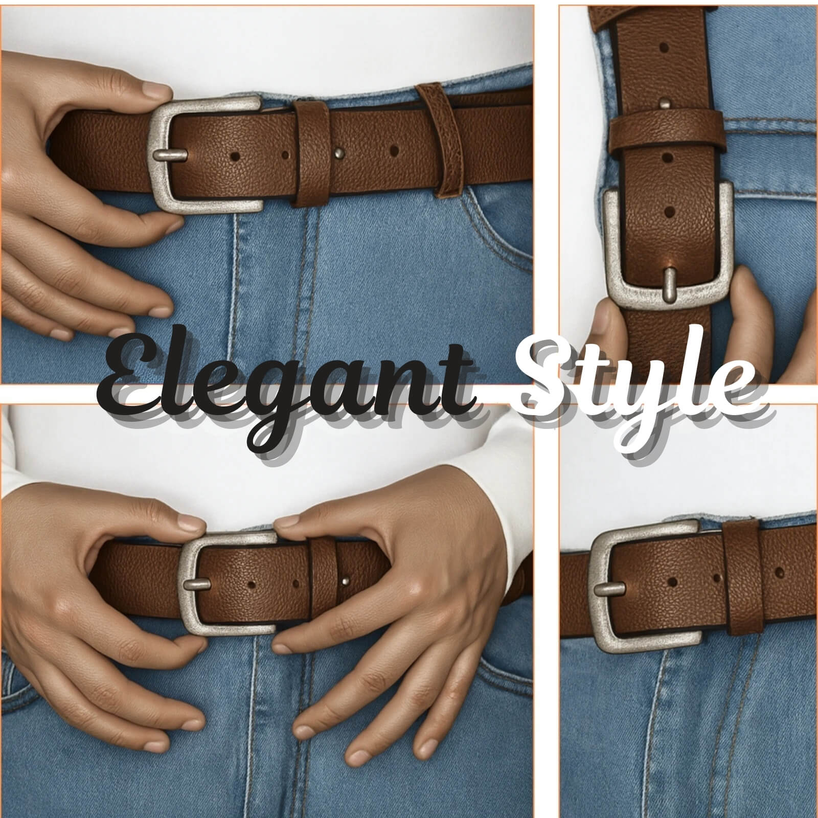 Brown belt being worn on jeans with 'Elegant Style' text overlay
