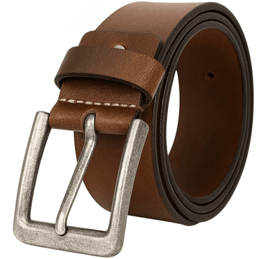 Brown leather belt with a silver buckle for smart and casual outfits.