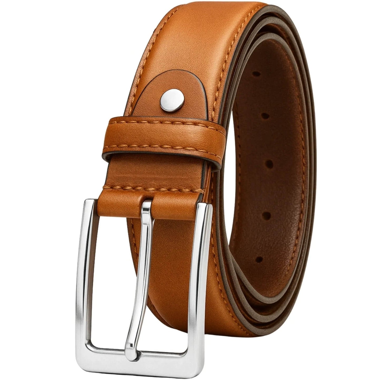 Brown leather belt with silver buckle on a white background