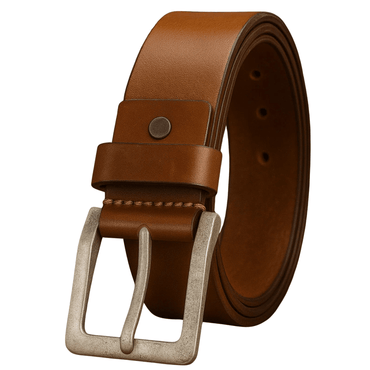 Brown leather belt with a silver buckle for smart and casual outfits.