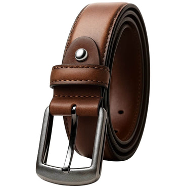 Brown leather belt with silver buckle for smart and casual outfits.