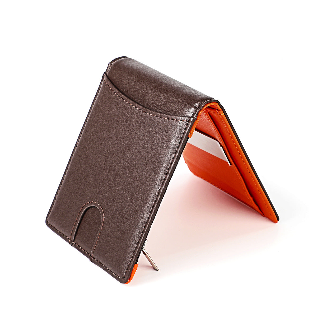 Brown leather wallet with orange interior on a white background