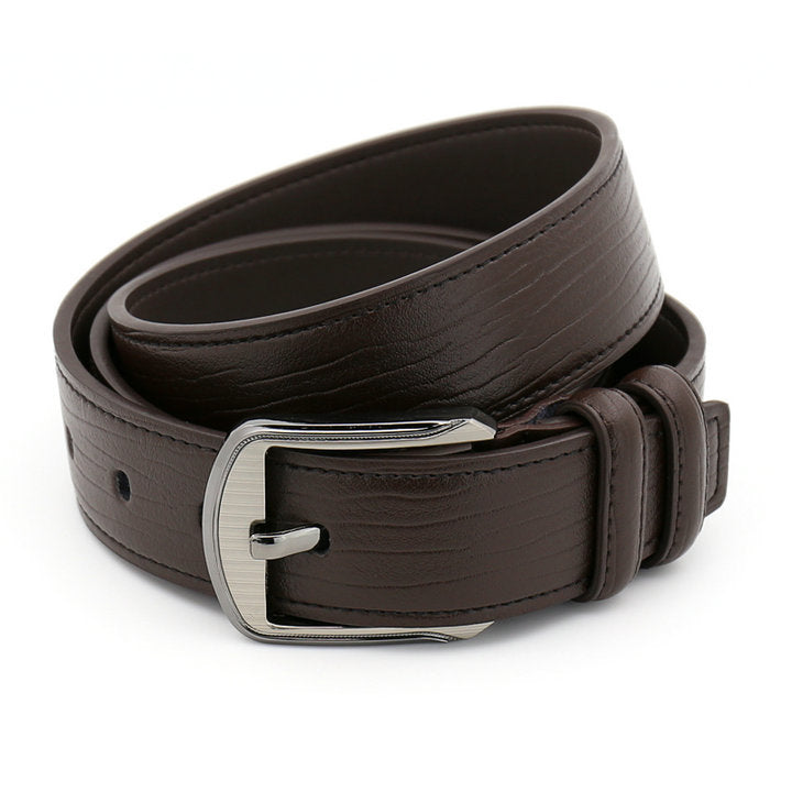 Brown leather belt with a silver buckle on a white background
