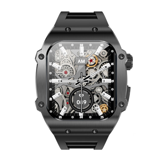 Black mechanical watch with transparent face on a white background