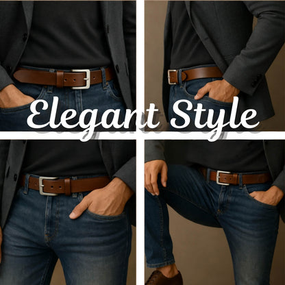 Four panel collage of a person wearing a dark suit, black shirt, and blue jeans with a brown belt, labeled 'Elegant Style'.