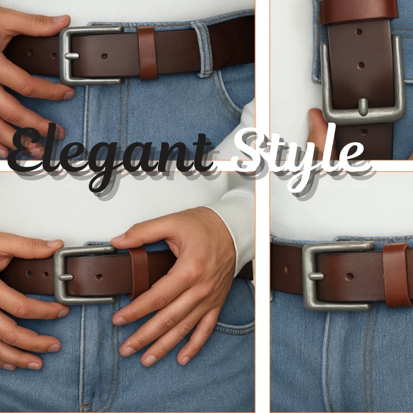 Brown belt being worn on blue jeans with 'Elegant Style' text overlay.