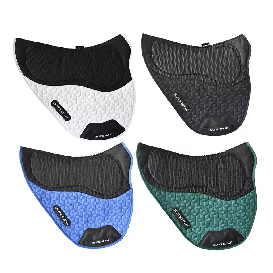 Four saddle pads in black, white, blue, and green on a white background