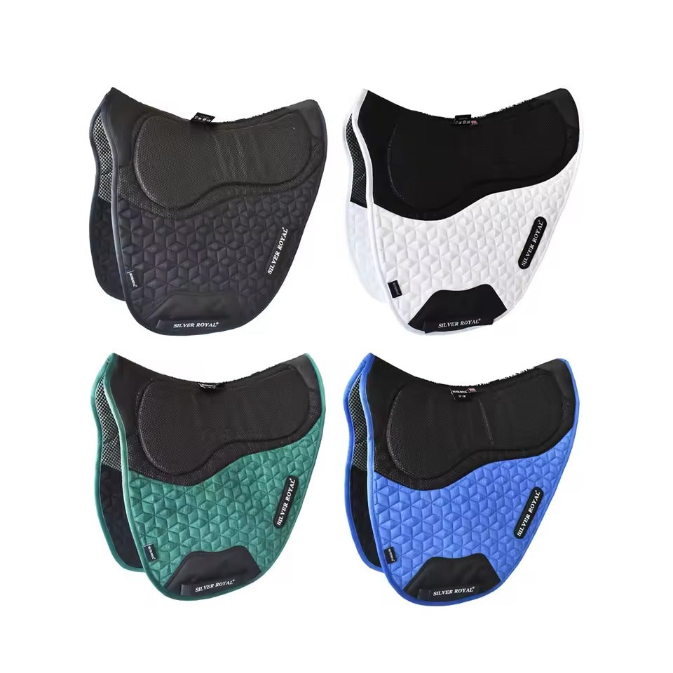 Four saddle pads in black, white, green, and blue on a white background