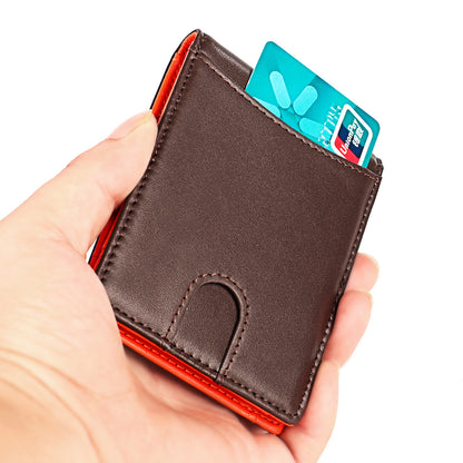 Hand holding a brown leather wallet with a card inserted on a white background
