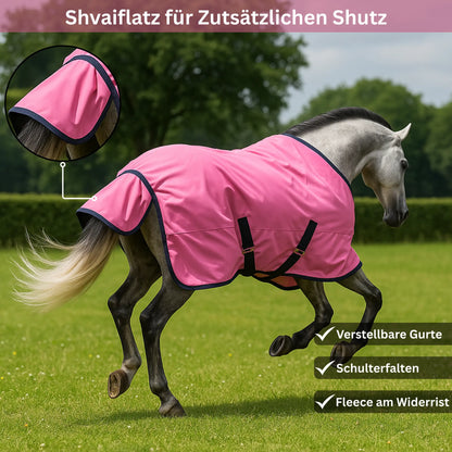 Horse wearing a pink rug with additional protection on a grassy field