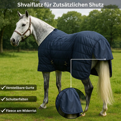 Horse wearing a navy blue quilted blanket with additional features highlighted, standing in a grassy field.