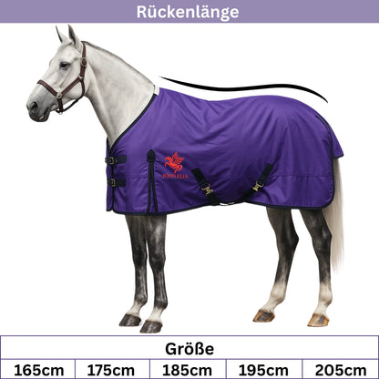 Horse wearing a purple blanket with a brand logo on a white background