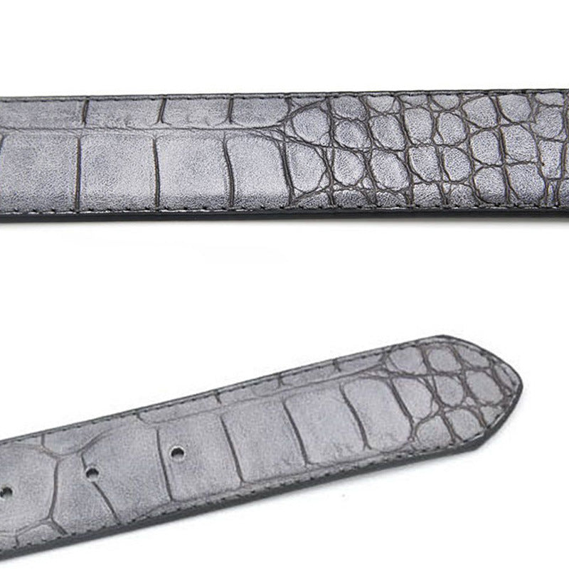Two gray crocodile leather straps on a white background