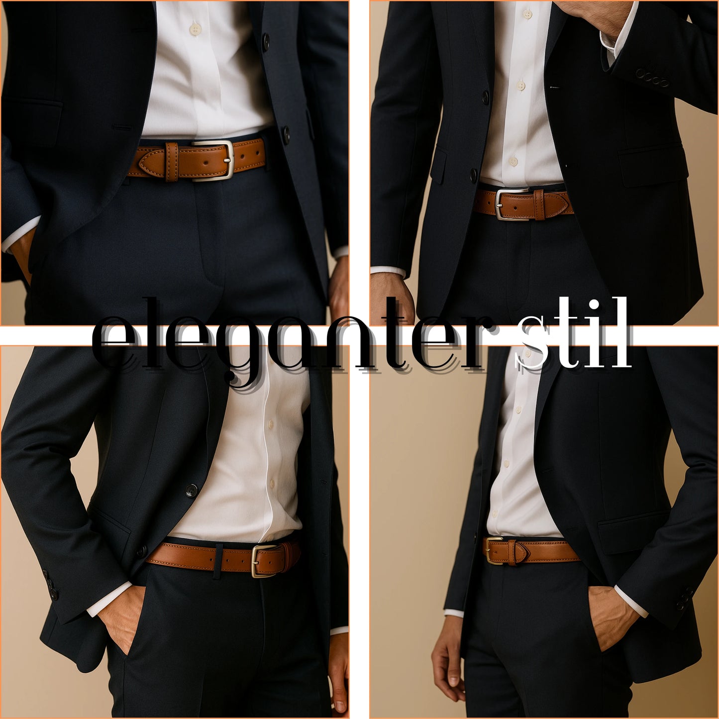 Two views of a person wearing a black suit, white shirt, and brown belt with 'eleganter stil' text.