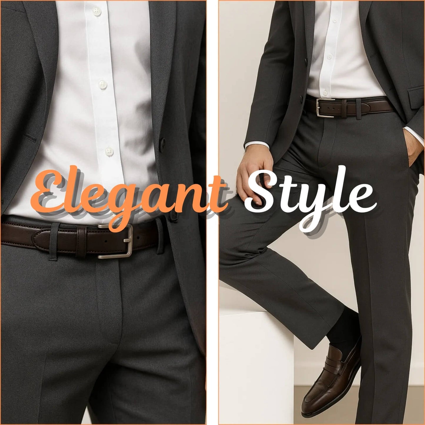 Black suit with white shirt and brown shoes, labeled 'Elegant Style'.