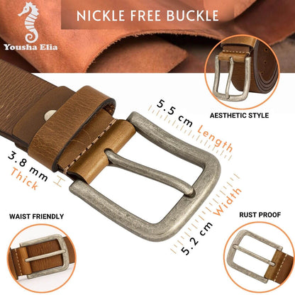 Brown leather belt with nickel-free buckle, showing measurements and features.