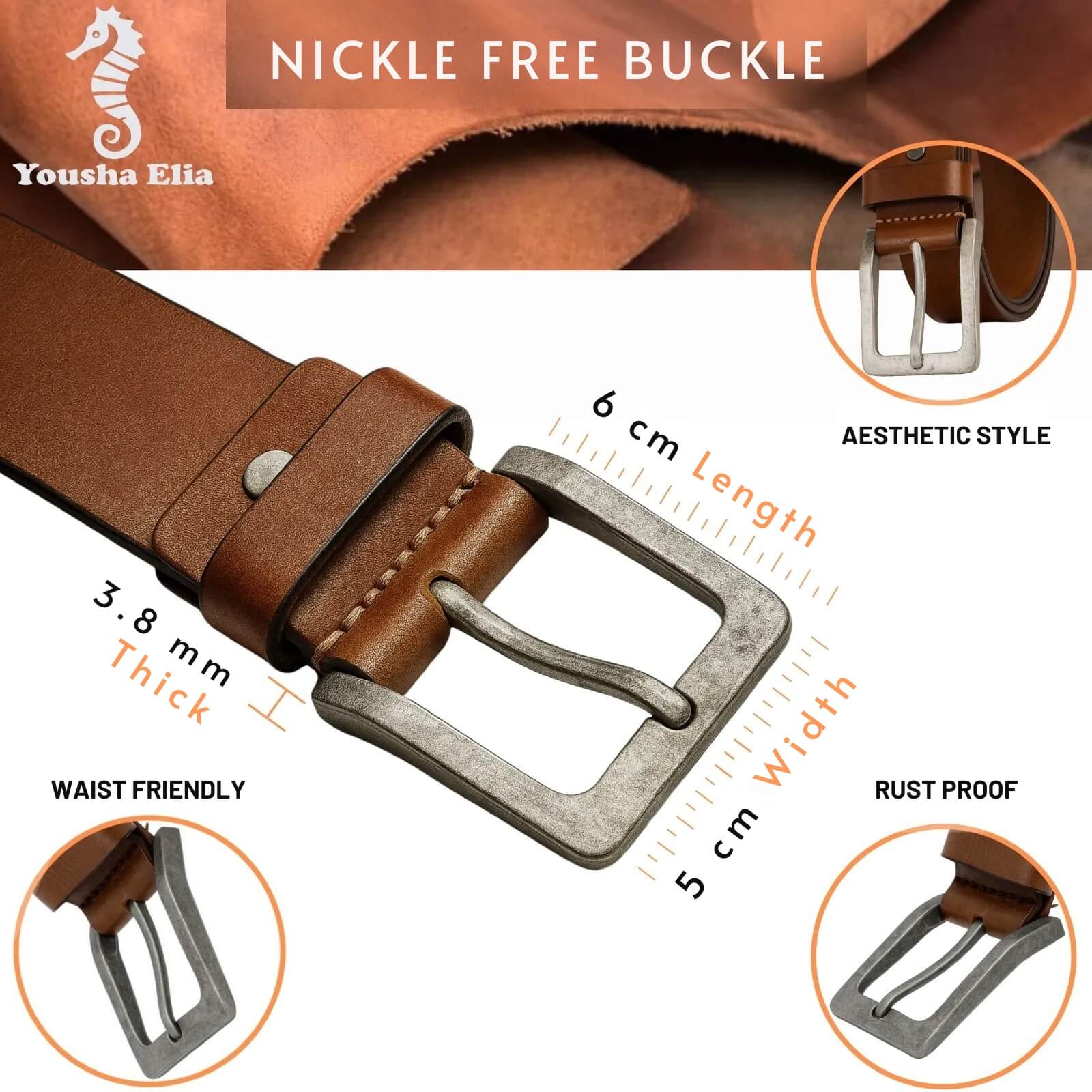 Brown leather belt with nickel-free buckle, showing buckle details and product features.