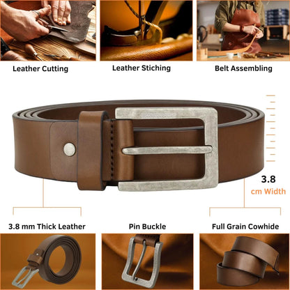 Brown leather belt with silver buckle, shown with assembly steps and specifications.