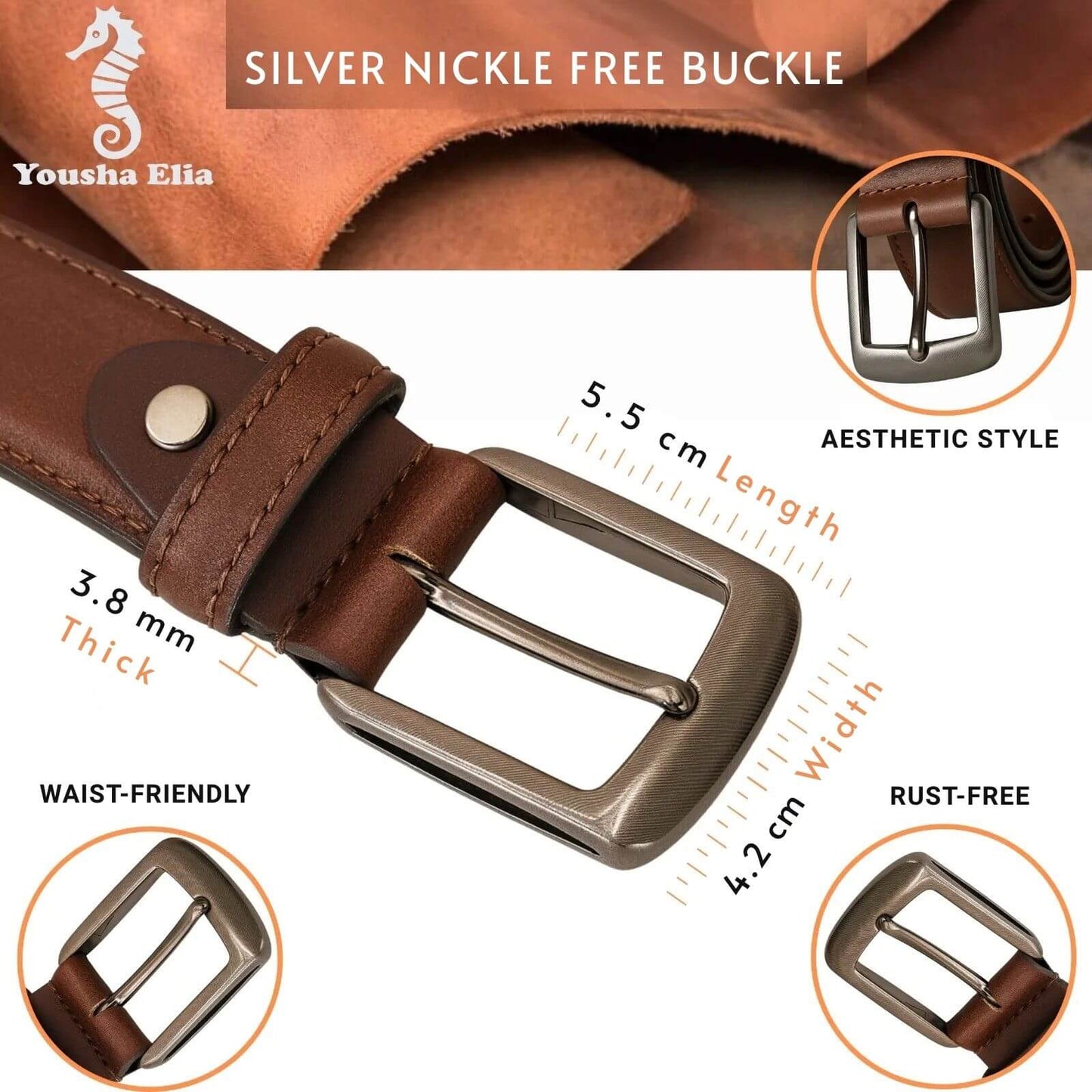 Brown leather belt with silver buckle, showing measurements and features on a white background.