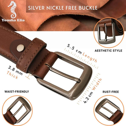 Brown leather belt with silver buckle, showing measurements and features on a white background.